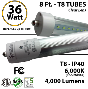 8ft LED T8 Tube 36W 4000Lm 6000K IP40 Clear Lens