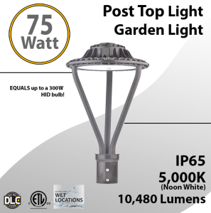 Post-Top Garden Light 75W 10480Lm 5000K 5Kva Surge Suppressor