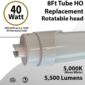 R17d LED 8Ft Tube Light Rotatable base 40 Watt 5500Lm 5000K IP40 Frosted Lens