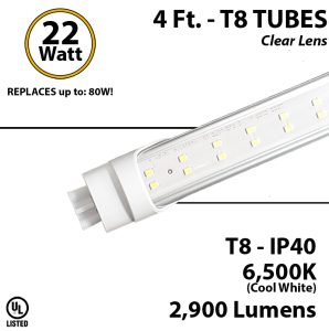 LED Tube Light 22W 4ft 2900Lm, 6500K Clear IP40 UL 2 end power