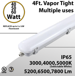 LED Vapor Tight Fixture 40 50 60W Plastic 7800 Lm 3000 4000 5000K IP65 UL