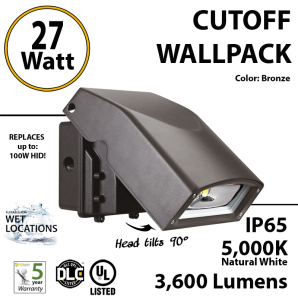 LED Wall Pack light 27W 3600Lm 5000K IP65 UL DLC