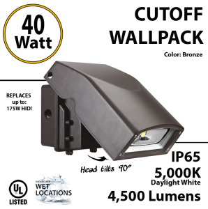 40W Full Cut-Off LED Wall Pack Fixture: 4500Lm 5000K IP65