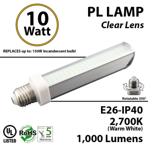 10W PL LED Bulb lamp 1000Lm 2700K Edison IP40 UL. Direct Line (Remove Ballast)