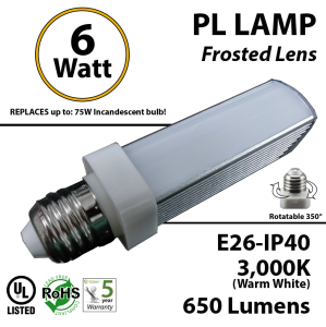 6W PL LED Bulb lamp 3000K E26 UL.Frosted. Direct Line (Remove Ballast)