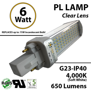 6W PL LED Bulb lamp 650Lm 4000K G23 IP40 UL. Direct Line (Remove Ballast)