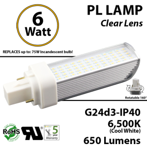 6W PL LED Bulb lamp 650Lm 6500K G24-d3 IP40 UL. Direct Line (Remove Ballast)