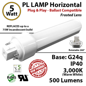 5W PL LED Lamp 500Lm 3000K Frosted Lens G24q IP40 UL. Ballast compatible