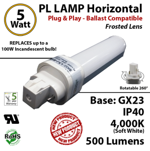 5W PL LED lamp 500 Lumens 4000K Horizontal Ballast compatible GX23 IP40 UL.