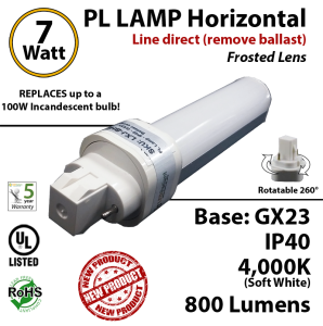 7W PL LED lamp 800Lm 4000K Frosted Direct Line (remove ballast) GX23 IP40 UL