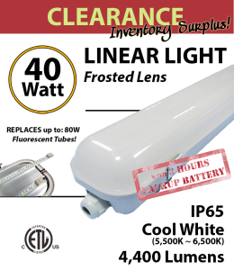 Linear Light, Vapor Tight, Waterproof, 40W with Battery Backup 4400Lm ,6000K