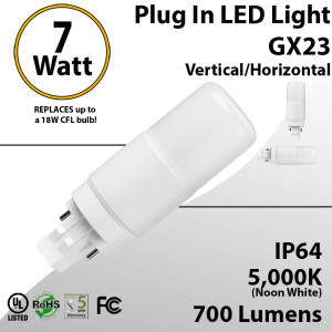 7W PL LED Bulb lamp 700Lm 5000K GX23 IP40 UL. Direct Line (Remove Ballast)