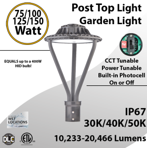 Post-Top Garden Light 75/100/125/150W 30K/40K/50K photocell