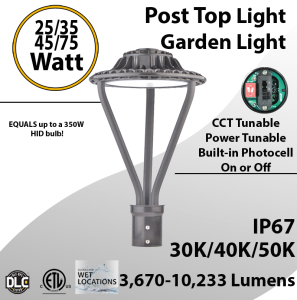 Post-Top Garden Light 25/35/45/75W 30K/40K/50K photocell