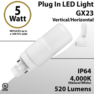 Plug In LED light GX23 5W 520Lm 4000K IP64 Direct Line or Magnetic Ballast