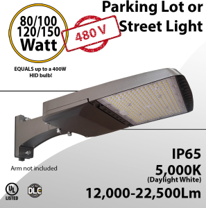 LED Street Light 80/100/120/150W up to 22,500Lm 5000K 480V