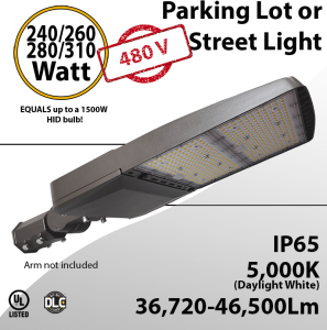 LED Street Light 240/260/280/310W up to 46,500Lm 5000K 480v