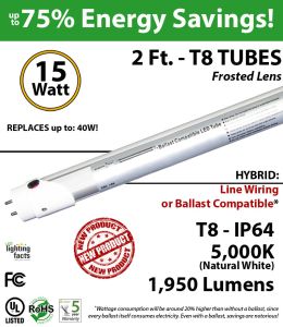 15W LED 2Ft T8 Aluminum Tube Light 5000K Frosted Lens 1950 Lumens Plug & Play or Line Wiring (Hybrid)