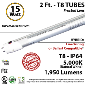 15W LED 2Ft T8 Aluminum Tube Light 5000K Frosted Lens 1950 Lumens Plug & Play or Line Wiring (Hybrid)