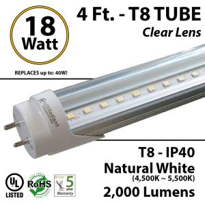 4 Ft 18 Watt Natural White Clear Single end powered T8 LED Fluorescent Light Tube Replacement feet