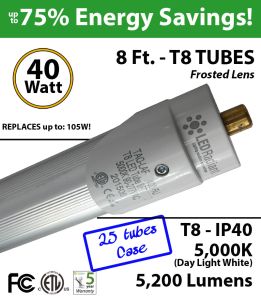 8 Ft. T8 LED Tube 40 Watt 5200Lm 5000K IP40 Frosted Lens