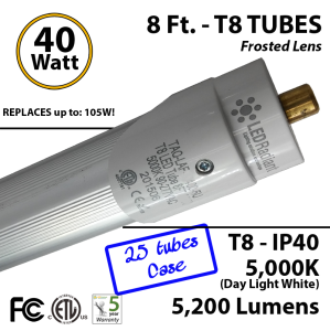 8 Ft. T8 LED Tube 40 Watt 5200Lm 5000K IP40 Frosted Lens