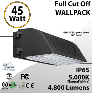 45W LED Full Cut off Wall Pack 4800 Lumens 5000K IP65 UL DLC