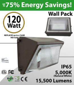 120W LED Wall Pack PC Lens 15500 Lm DLC 5000K