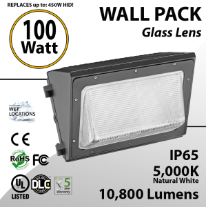 100W LED Wall Pack Fixture: 10800 Lumens 5000K IP65 UL DLC