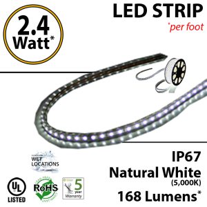 2.4W p/feet LED STRIP per foot Natural white (5,000K) 70 Lumens p/watt