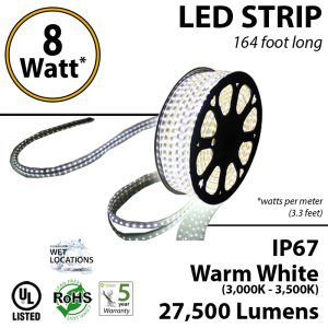 8W p/meter (2.4W p/feet) LED STRIP 50 Meters (164 ft) Warm white (3,000K-3,500K) 70 Lumens p/watt