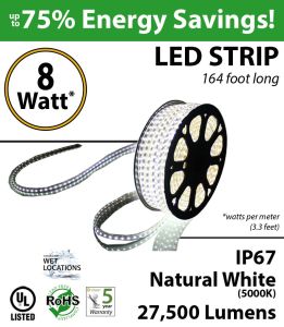 8W p/meter (2.4W p/feet) LED STRIP 50 Meters (164 ft) Natural White 5000K 70 Lumens p/watt