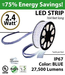 2.4 Watt p/feet LED STRIP Ropelight 164 ft Color Blue 70 Lm p/watt
